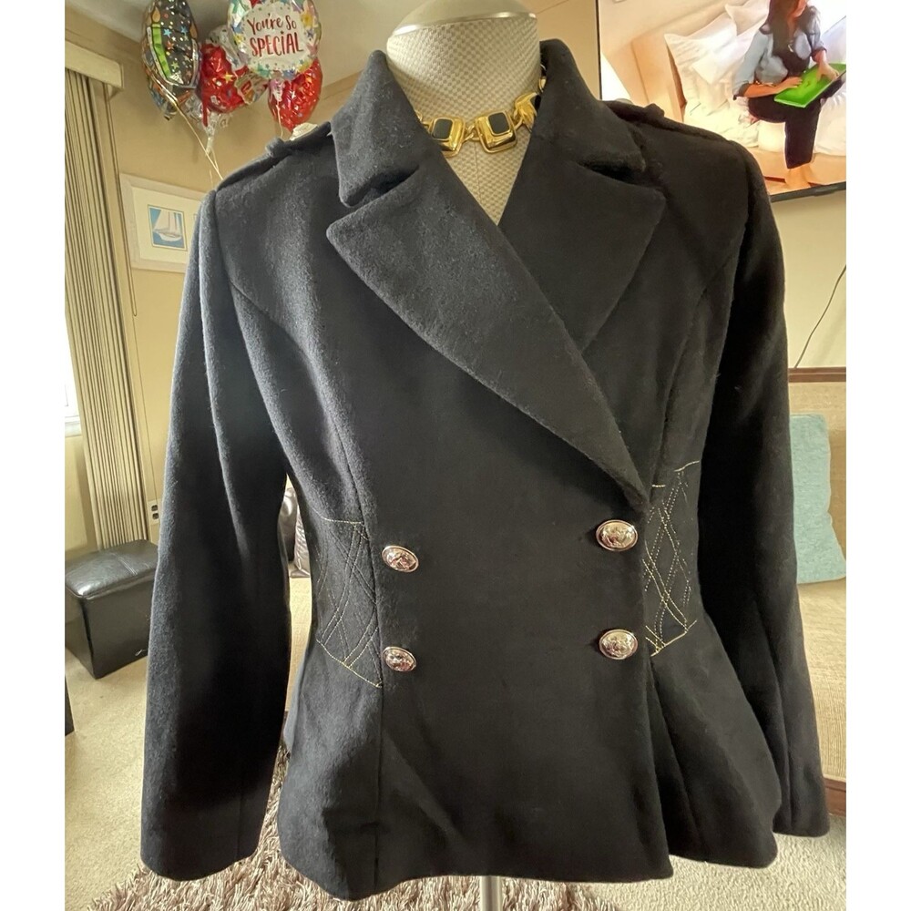 VENUS Womens Double Breasted Black Pea Coat Peplum Back Size 14 Career Work Chic